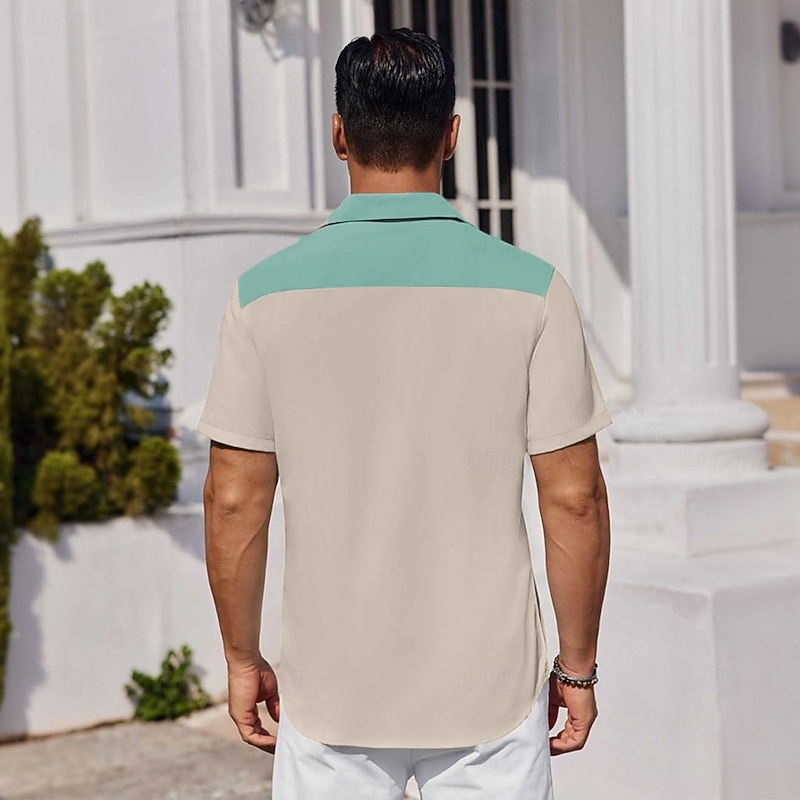 Men's Color Block Star Bowling Shirt Button Up Shirt Short Sleeve Fashion Casual Causal Casual Summer Spring Turndown Button Up Beige2