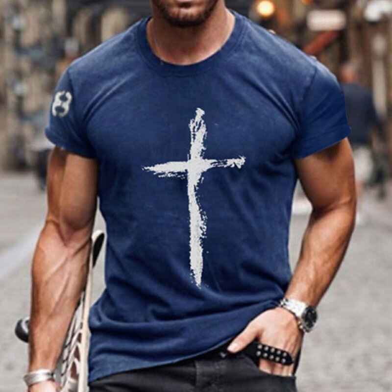 Men's Cross T Shirt Distressed T Shirt Short Sleeve T shirt Crew Neck Shirt Vintage Designer Basic Casual Daily Weekend Red Blue Dark Gray Summer Clothing Apparel Plus Size S M L XL XXL 3XL 4XL4