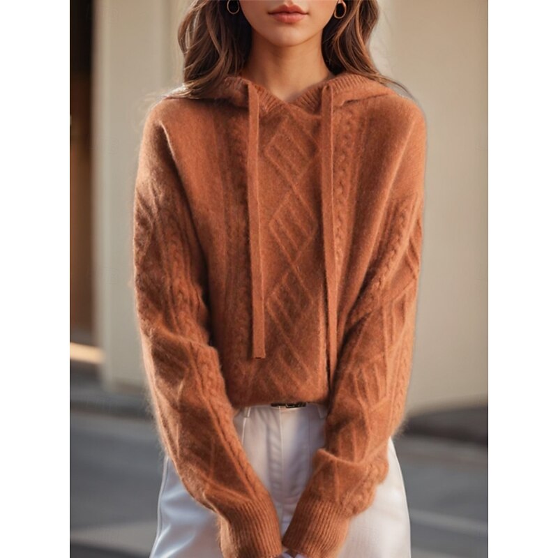 Women's Sweater Casual Soft Pure Color Cable Hooded Knitted Long Sleeve Regular Tops Knit Outdoor Daily Weekend Camel Brown Fall Winter