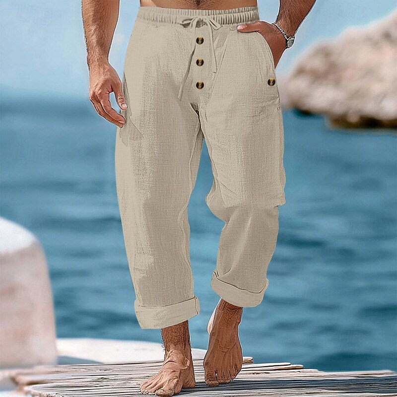 Men's Linen Pants Trousers Summer Pants Beach Pants Buttons Drawstring Elastic Waist Plain Comfort Breathable Full Length Casual Daily Holiday Vacation Fashion Black White2