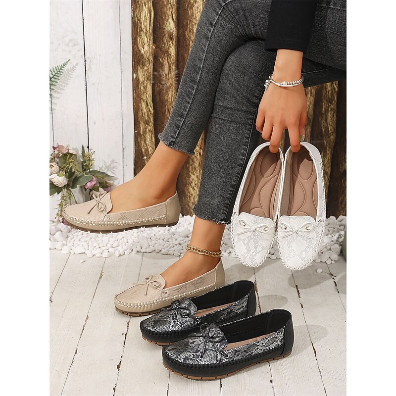 Women's Almond Faux Leather Loafers with Bow Tie and Textured Design - Comfortable Slip-On Moccasins for Casual and Everyday Wear4