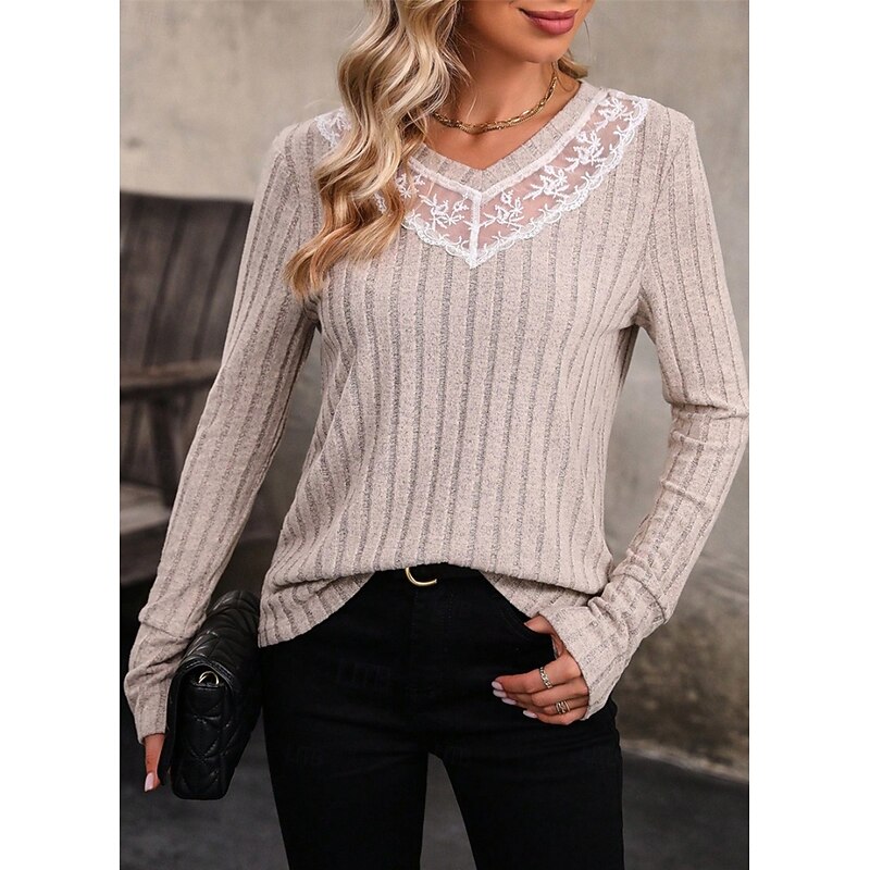 Women's Elegant Lace Tops Eyelet Blouse Casual Solid Color Regular Tops Long Sleeve V Neck Lace Patchwork Regular Fit Daily Romantic Petite Tops Summer Holiday Wear Gray Semi Formal Blouses