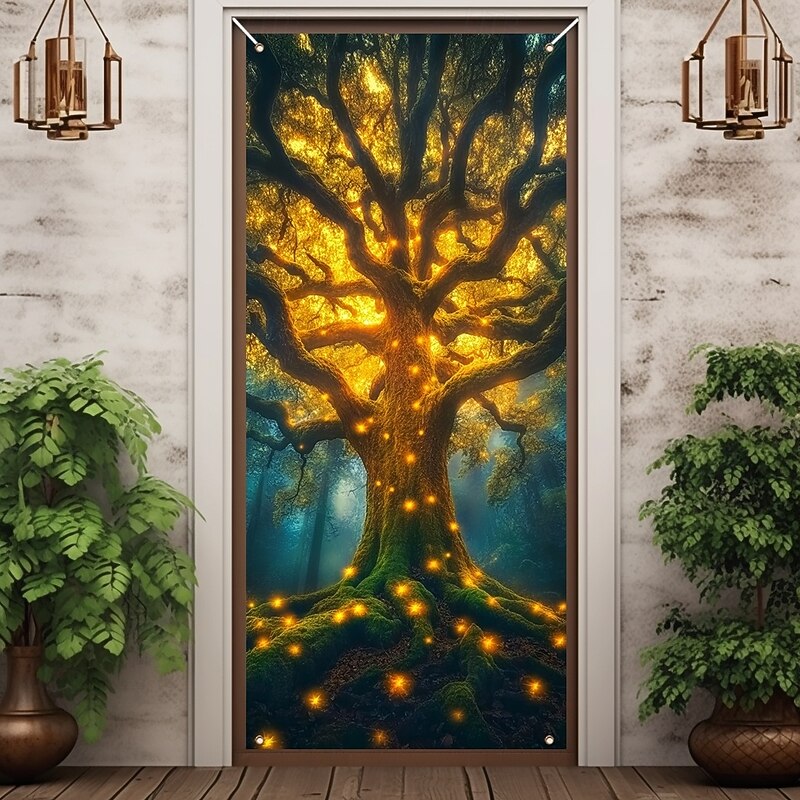 Tree of Life Door Covers Mural Decor Door Tapestry Door Curtain Decoration Backdrop Door Banner Removable for Front Door Indoor Outdoor Home Room Decoration Farmhouse Decor Supplies