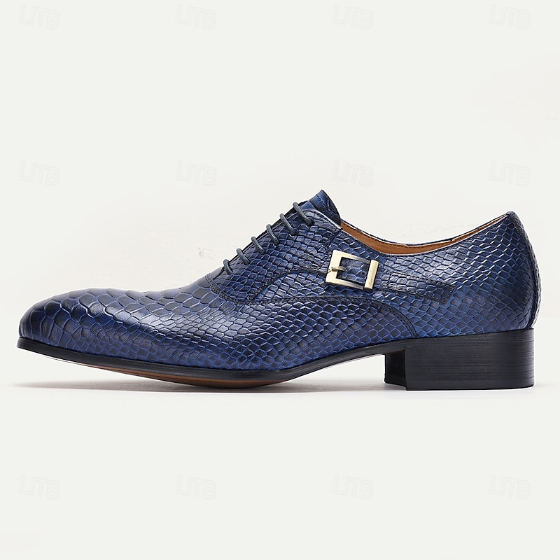 Men's Premium Cowhide Leather Dress Shoes with Snakeskin Texture, Lace-Up Design and Buckle Detail, Stylish Formal Shoes for Business, Weddings, and Special Occasions3