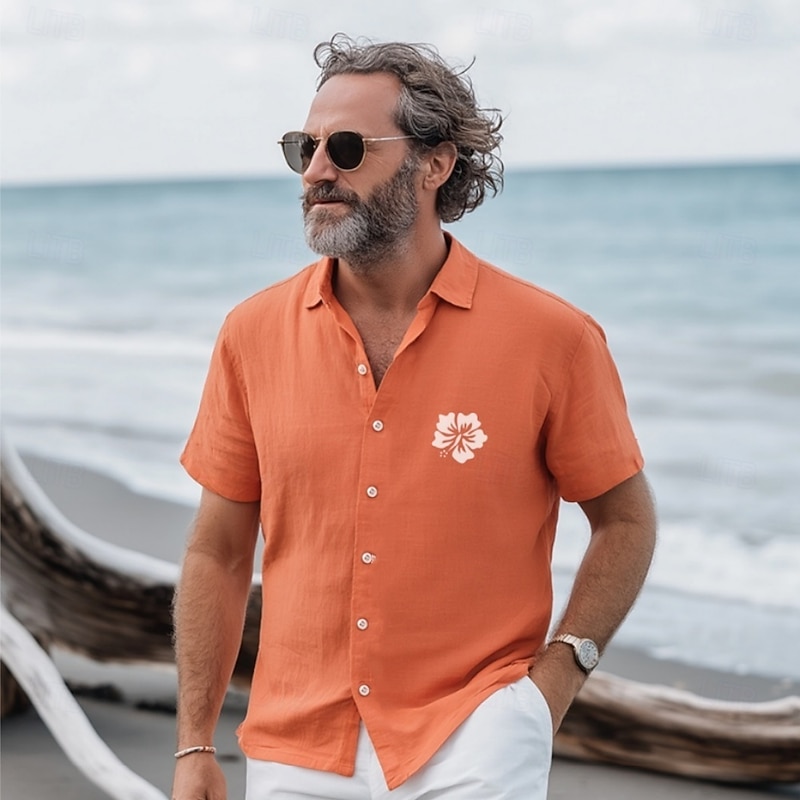 Men's Floral Casual Shirt Summer Hawaiian Shirt Aloha Shirt Short Sleeve Hawaiian Resort Vacation Casual Summer Spring Turndown Button Up Orange