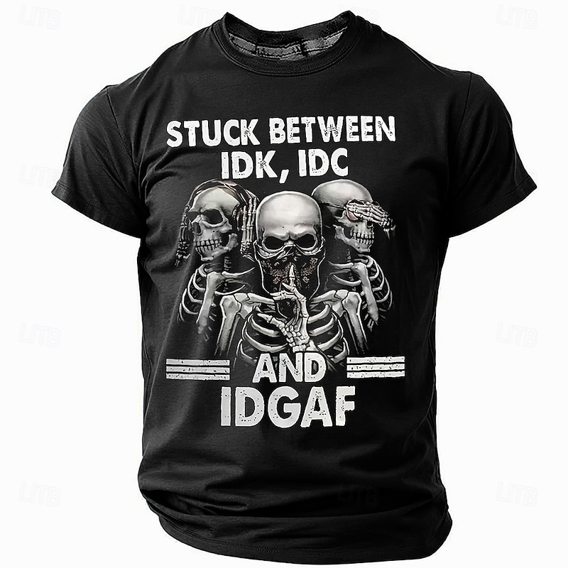 Men's Graphic T-Shirt Stuck Between IDK, IDC & IDGAF Funny Skeletons Short Sleeve Tee