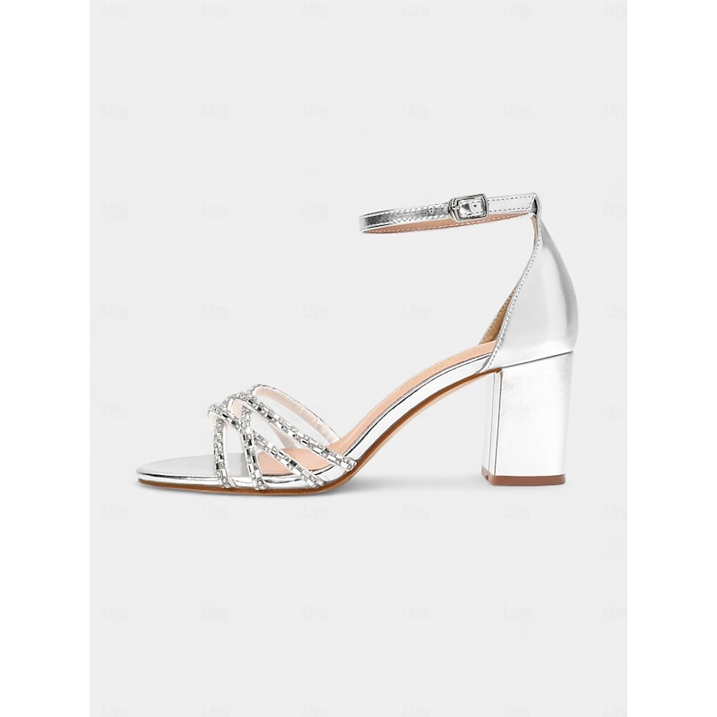 Silver Metallic Block Heel Sandals with Strappy Rhinestone Design - Party or Wedding Shoes for Women3