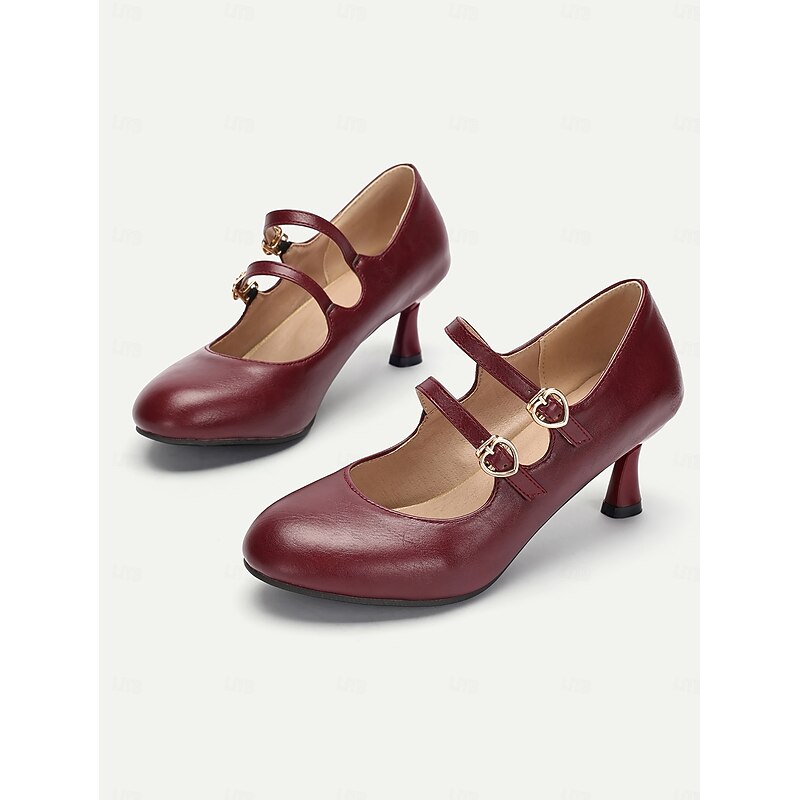 Women's Retro Style Burgundy Faux Leather Mary Jane Kitten Heels with Heart-Shaped Buckles | Perfect for Work or Parties3