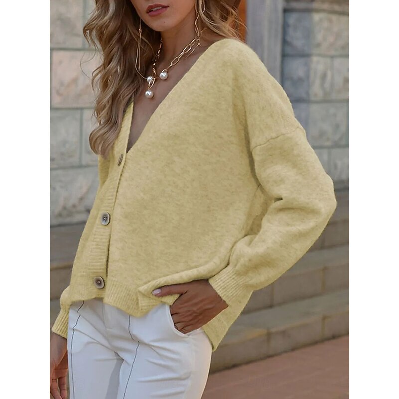Women's Sweater Cardigan Elegant Fashion Streetwear Pure Color V Neck Buttons Knitted Long Sleeve Regular Tops Knit Outdoor Daily Holiday Yellow Pink Fall Winter3