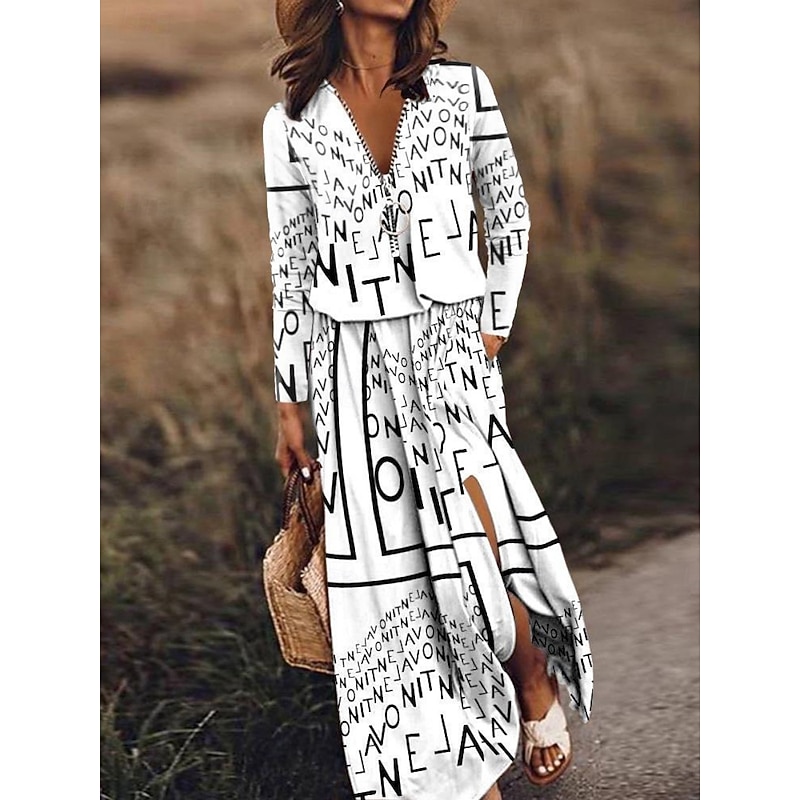 Women's Maxi Dress Casual Dress A Line Dress Stylish Casual Vacation Daily Regular Fit Plain Letter Long Sleeve V Neck White Pink Khaki Spring Fall3