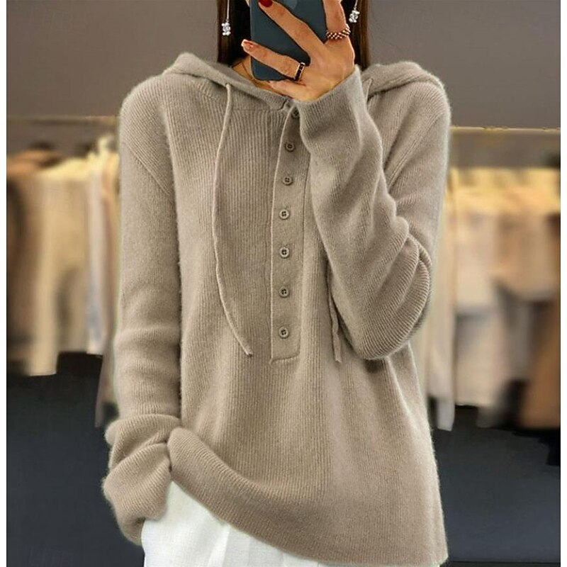 Women's Sweater Casual Soft Pure Color Ribbed Hooded Buttons Knitted Long Sleeve Regular Tops Knit Outdoor Daily Weekend Pink Brown Fall Winter4