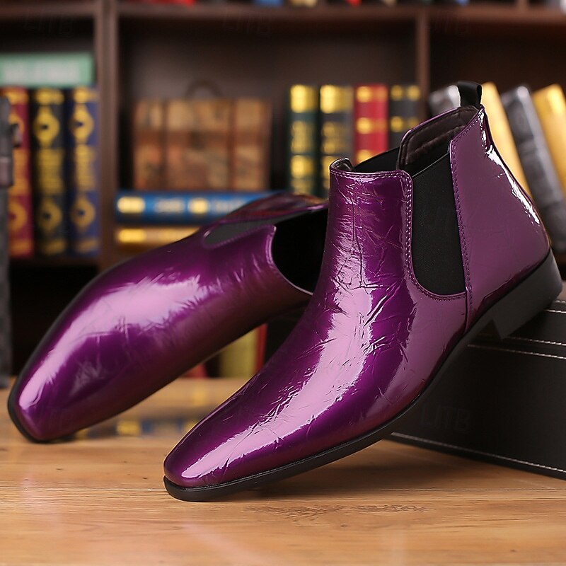 Men's Purple Patent Faux Leather Chelsea Boots with Elastic Goring – Stylish Casual and Formal Footwear2