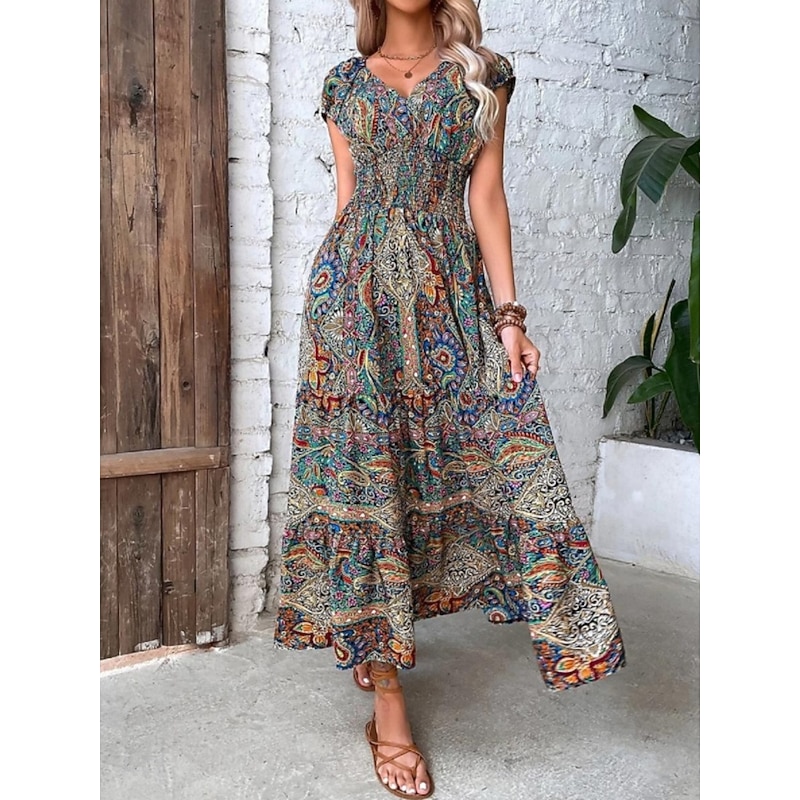Women's Maxi Dress Casual Dress Swing Dress A Line Dress Boho Dress Bohemia Ethnic Casual Daily Regular Fit Paisley Short Sleeve V Neck Blue Summer Spring3