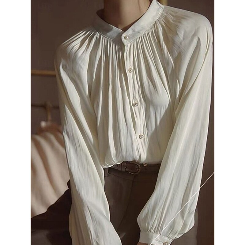 Women's Shirt Solid Color Elegant Stylish Casual Long Sleeve High Neck Regular Tops Work Daily Going out Black Blue Khaki Beige Summer Spring Fall3