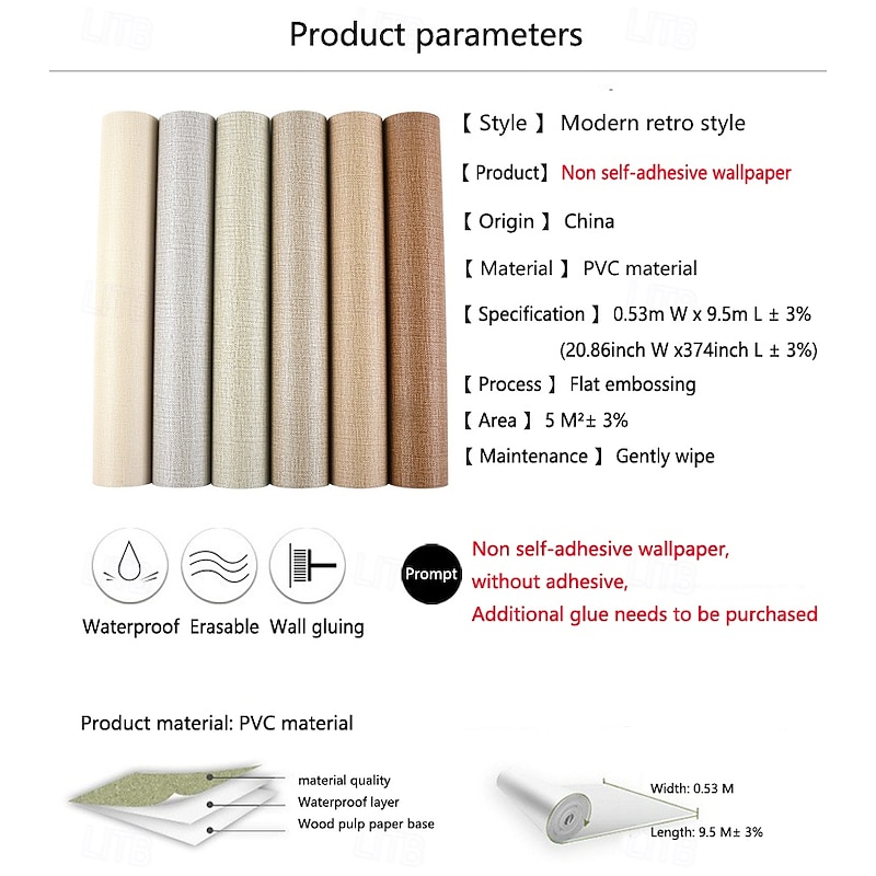 1 Roll Simple Japanese Style Wallpaper Imitation Linen Patterned for Home Hotel Bedrooms Living rooms Plain Color Waterproof Wallpaper Non Self-adhesive 950x53cm/374x20.87inch3