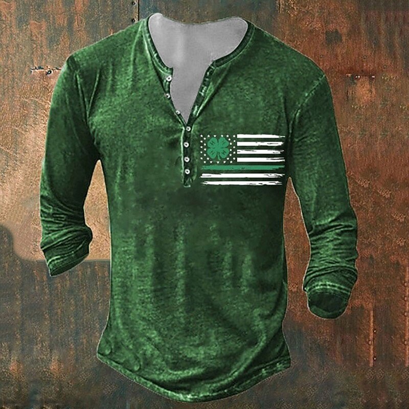 Men's St. Patrick Shamrock American Flag Henley Shirt T shirt Tee Tee Top Long Sleeve 3D Print Fashion Designer Basic Vacation St.Patrick's Day Street Spring &  Fall Black Dark Green Green Gray Henley
