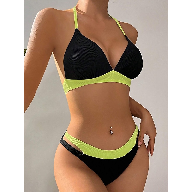 Women's Swimwear Bikini 2 Piece Swimsuit Tummy Control High Waist Slim Vacation Beach Wear Solid Color Striped Plunge Sleeveless Bathing Suits4