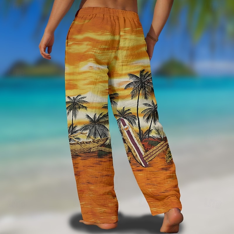 Men's Coconut Tree Scenery Trousers Casual Pants Mid Waist Drawstring Elastic Waist Hawaiian Outdoor Vacation Holiday Straight Leg Trousers Summer Spring Fall 3D Print Red Blue Orange4