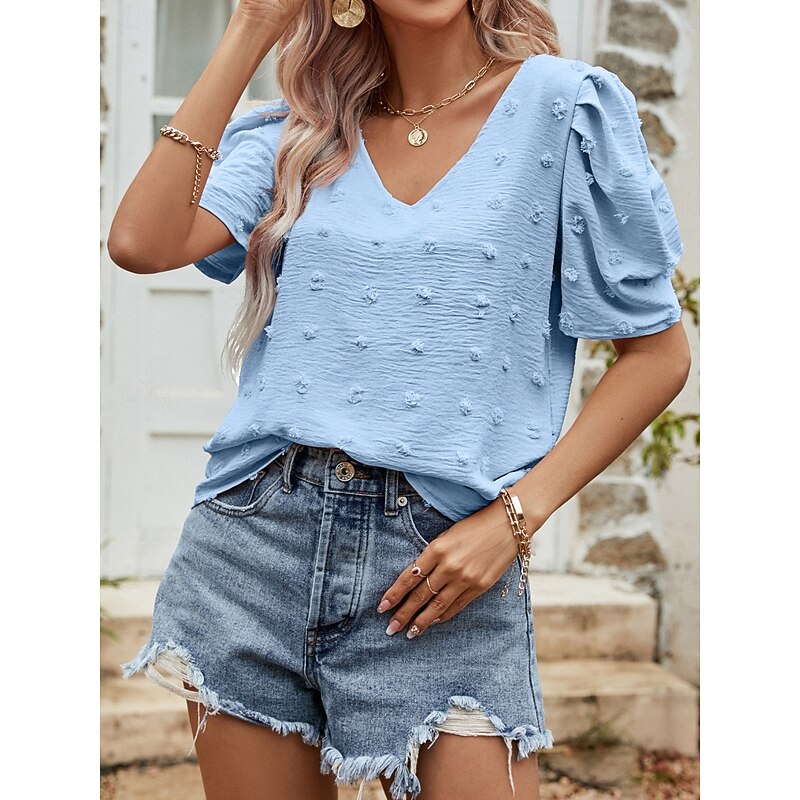 Women's T Shirt Plain Fashion Modern Casual Short Sleeve Puff Sleeve V Neck Regular Tops Daily Weekend Pink Blue Beige Summer3