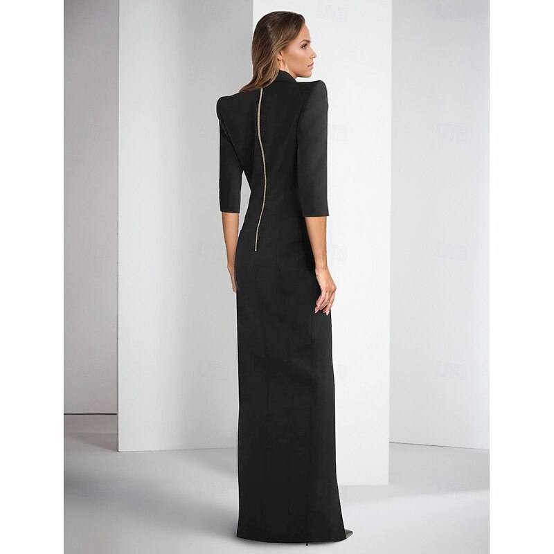 Tuxedo Dress Sheath Formal Wedding Stretch Crepe Elegant Half Sleeve Floor Length Split Thigh Peak Lapel Double Breasted3