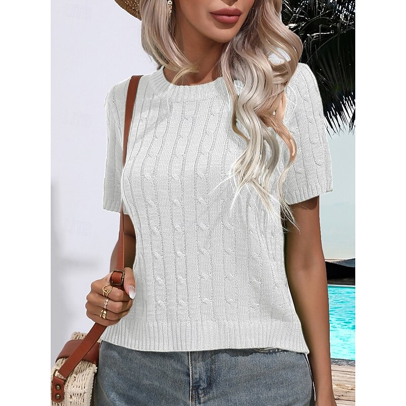 Women's Sweater Casual Soft Pure Color Ribbed Crew Neck Knitted Short Sleeves Regular Tops Knit Daily Weekend White Green Summer Spring2