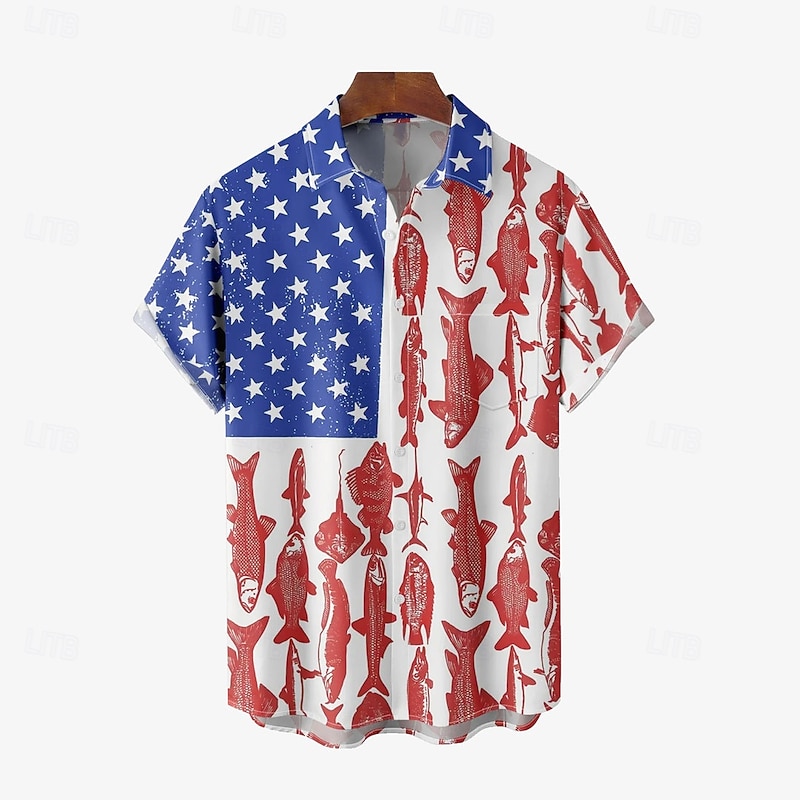 Men's American US Flag Casual Shirt Button Up Shirt Short Sleeve Casual Causal Casual Summer Spring Turndown Button Up Blue