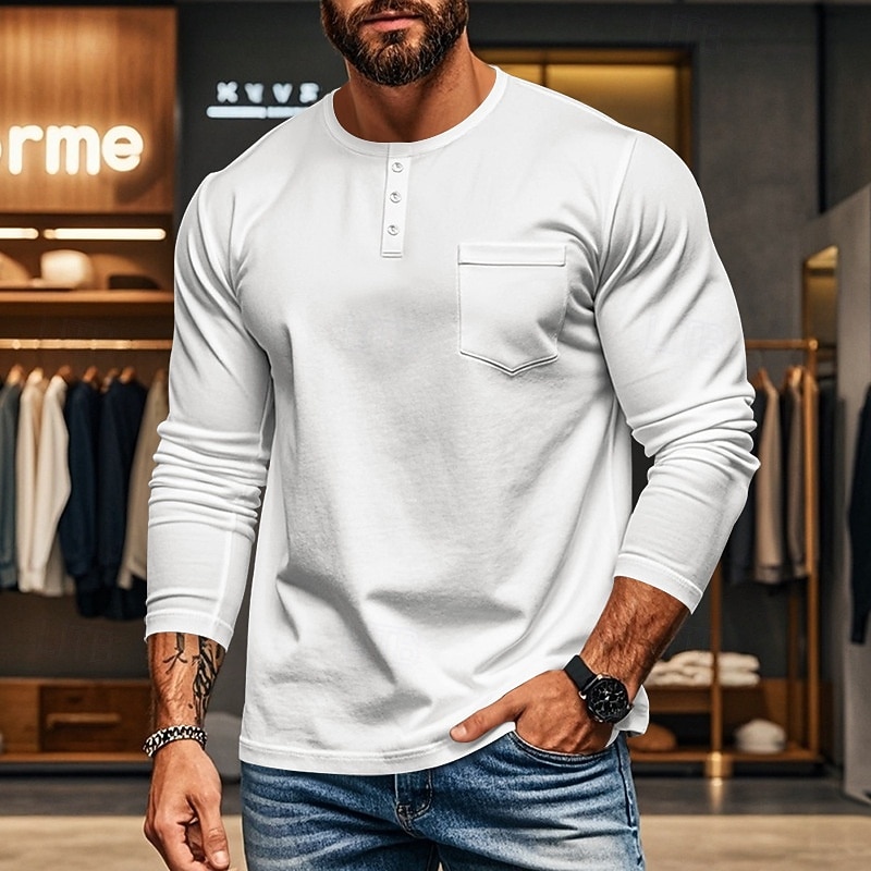 Men's Button T Shirt T Shirt Henley Shirt Tee Long Sleeve Henley Spring &  Fall Plain Fashion Designer Basic Pocket Vacation Street Going out Black White Red Top Tee for Men2