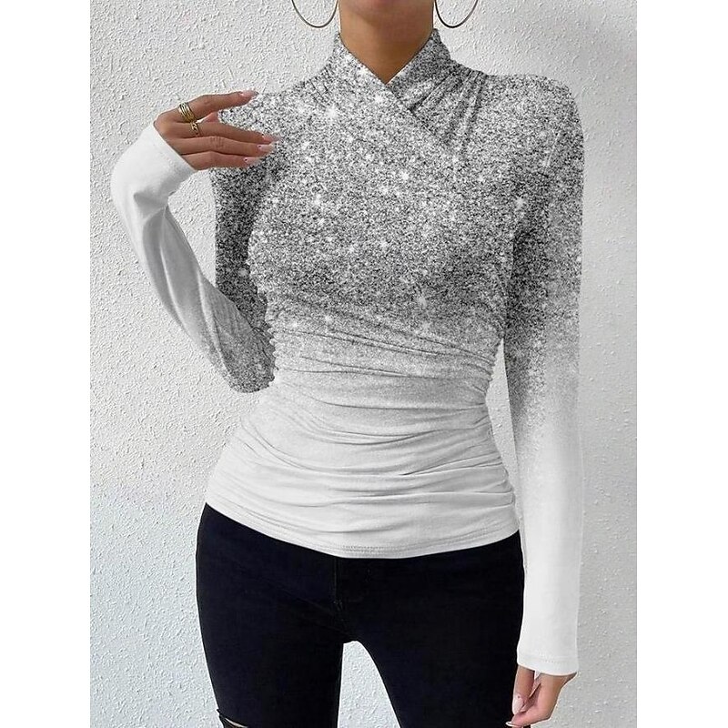 Women's T Shirt Ombre Casual Long Sleeve V Neck High Neck Regular Tops Vacation Daily Print Asymmetrical Silver Black Pink Spring &  Fall