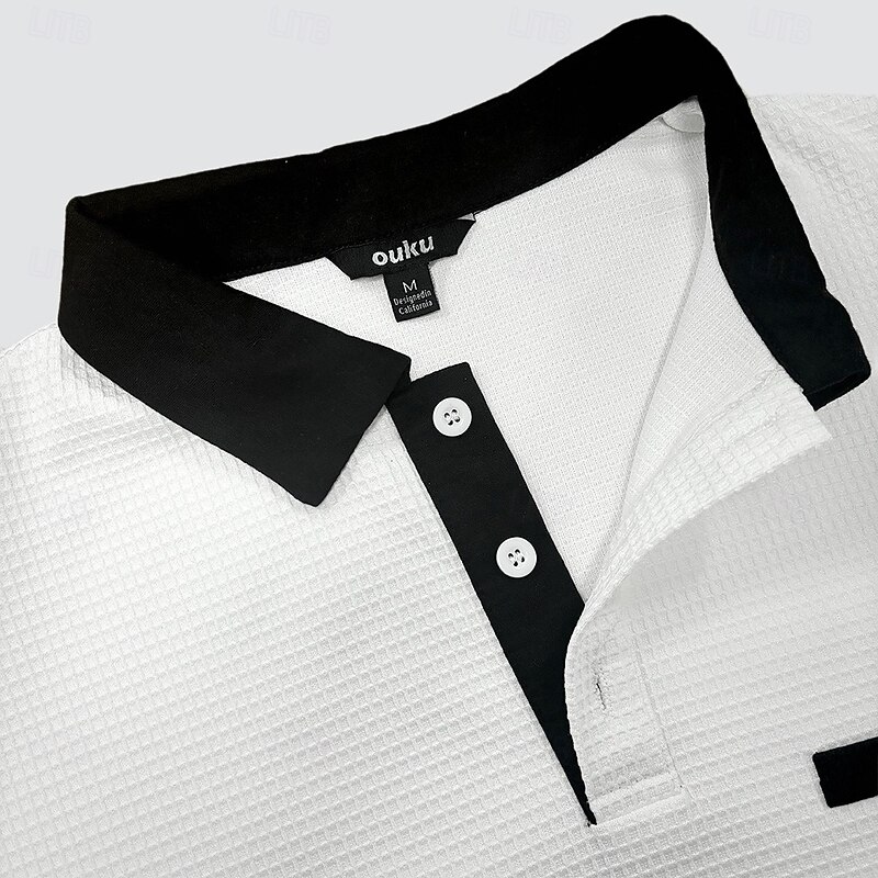 Men's Waffle Polo Shirts Polo Shirts Formal Business Ribbed Polo Collar Long Sleeve Fashion Solid Color Buttons Pocket Spring &  Fall Light Blue White Grey Waffle Polo Shirts2