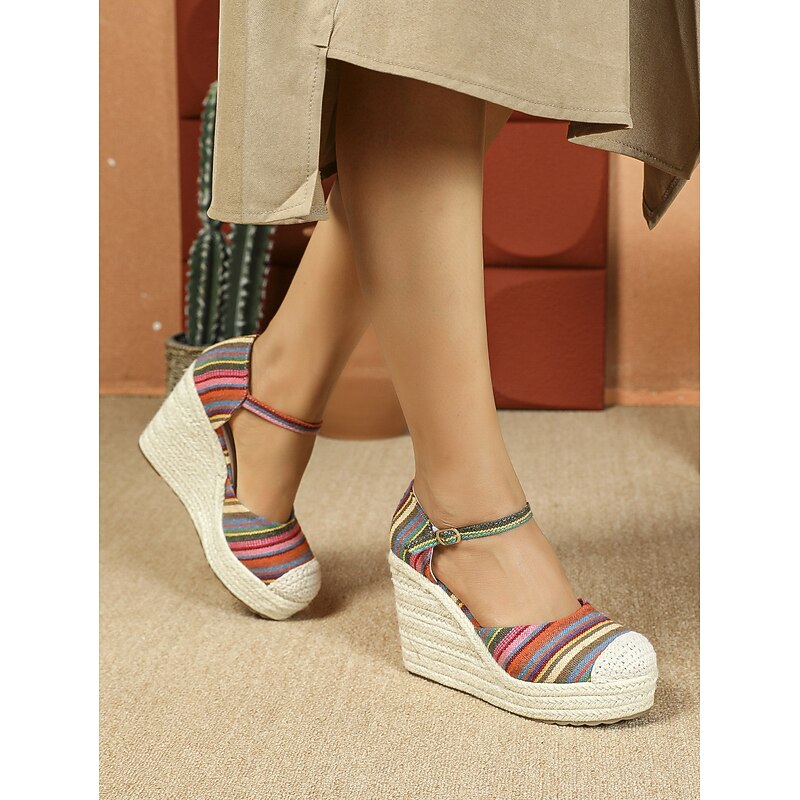 Women's Colorful Striped Wedge Espadrille Sandals with Ankle Strap - Boho Chic Summer Shoes for Casual and Beach Wear3