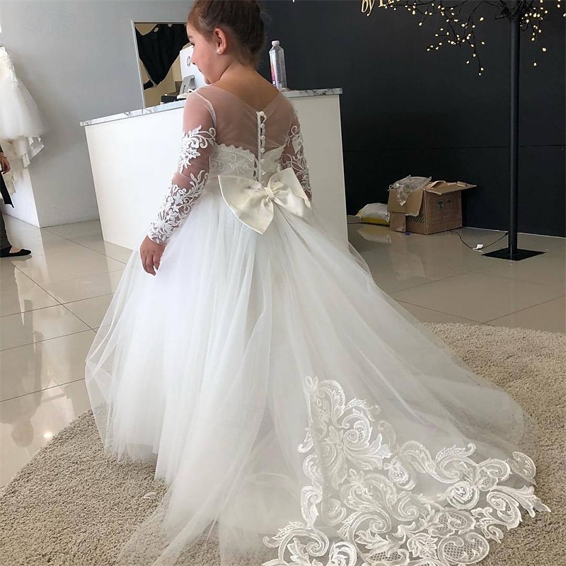 Flower Girl Dress Kid's Girls' Princess Dress Performance Wedding Party Elegant Beautiful Lace Mesh Solid Color Long Sleeve Crew Neck Light Yellow White 4 years+