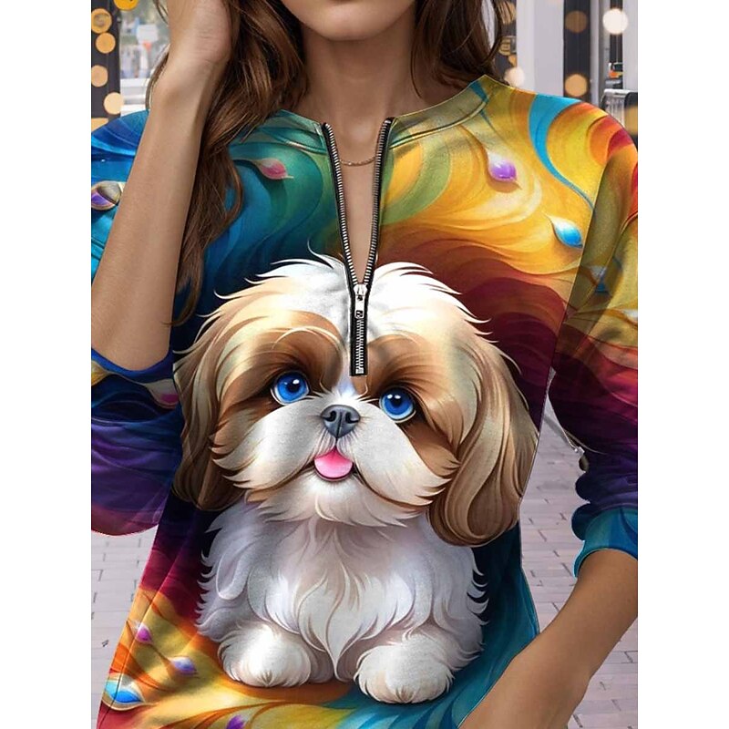 Women's Quarter Zipper Sweater Dog Casual Long Sleeve Crew Neck Regular Tops Street Dailywear Print Blue Fall Winter3
