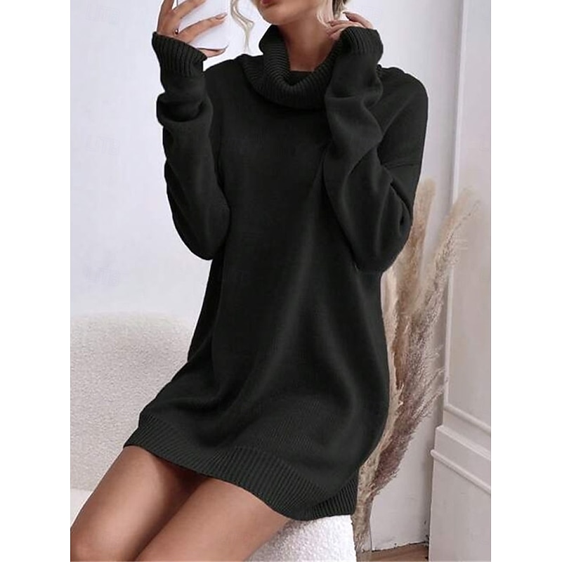 Women's Sweater Dress Casual Soft Pure Color Ribbed Turtleneck Knitted Long Sleeve Long Tops Knit Outdoor Daily Weekend Black Pink Fall Winter4