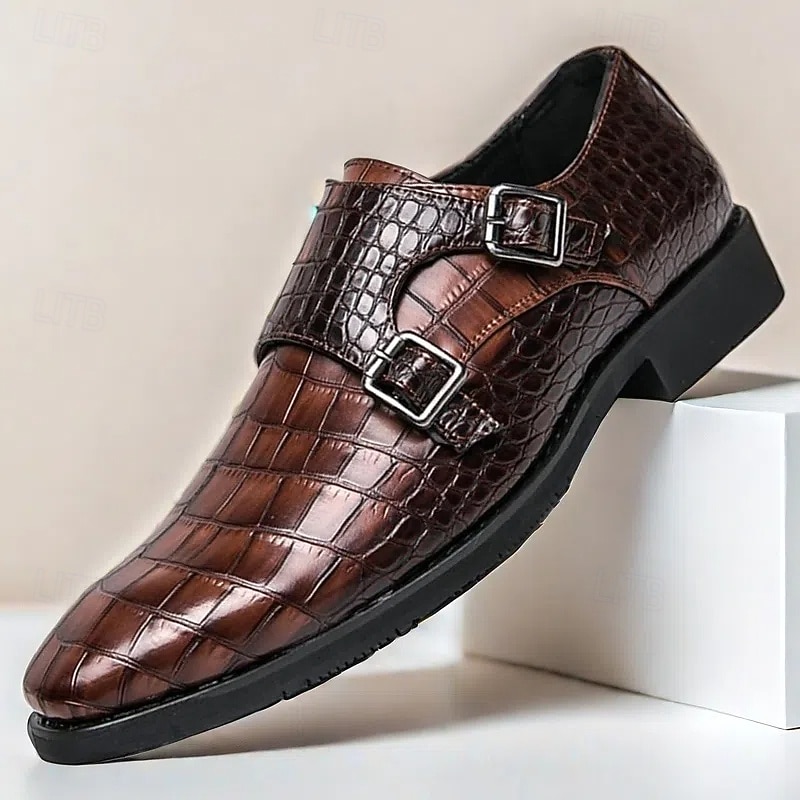 Men's Brown Faux Leather Monk Strap Shoes with Crocodile Pattern – Elegant Formal Dress Shoes for Business, Weddings, and Special Occasions