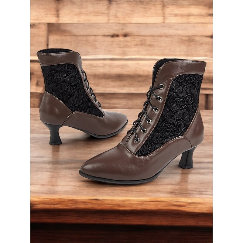 Women's Black Victorian Lace-Up Ankle Boots with Lace Panel and Kitten Heels - Elegant Vintage Style for Formal and Casual Occasions2