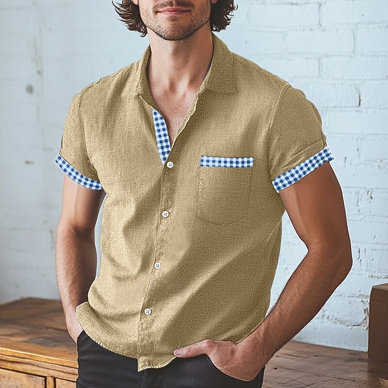 Men's Shirt Linen Shirt Beach Shirt Blue Green khaki Short Sleeve Plaid Turndown Home Holiday Front Pocket Clothing Apparel Vintage Casual3