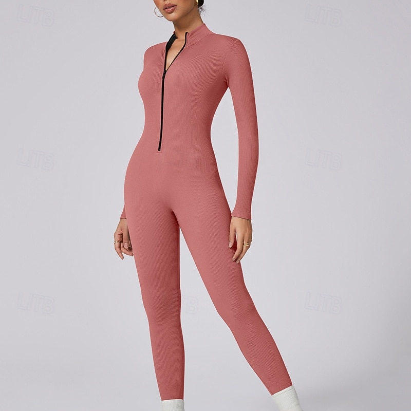 Women's Jumpsuit Workout Jumpsuit Onesie Zipper Solid Color Bodysuit Romper Silver Black Yoga Fitness Gym Workout Breathable Soft Long Sleeve Sport Activewear Micro-elastic Slim3