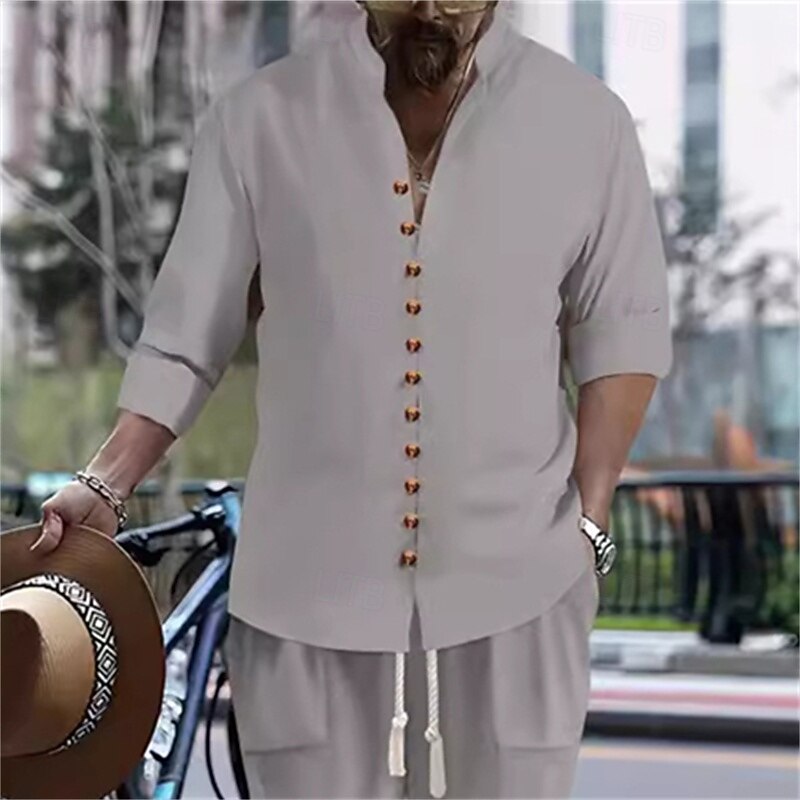 Men's 2 Piece Shirt Set Matching Sets Casual Shirt Button Up Shirt White Pink khaki Gray Long Sleeve Plain Band Collar Vacation Street Clothing Apparel Fashion Casual2