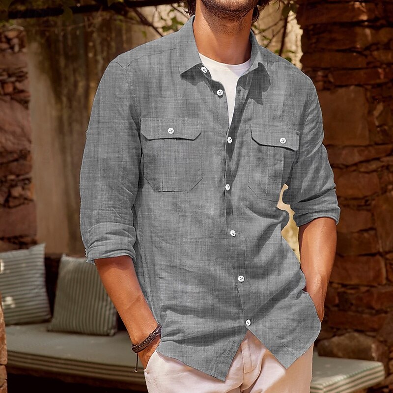 Men's Shirt Cotton Linen Shirt Summer Shirt Button Up Shirt Plain Casual Daily Black White Blue Khaki Long Sleeve Collar Spring & Summer Clothing Apparel Pocket2