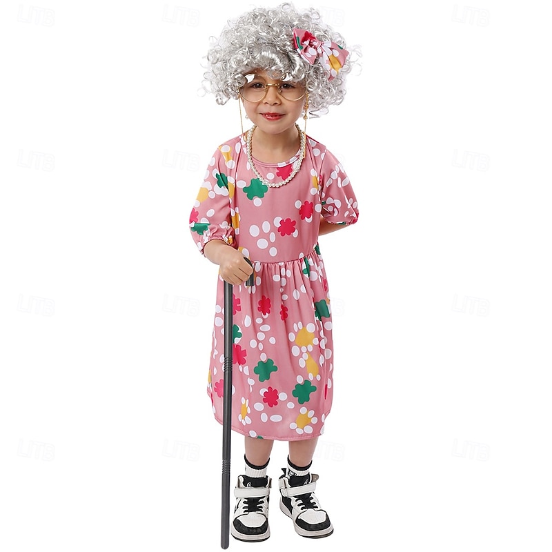 Old Women Granny Halloween Outfits Costume Dress Up with Grandma Funny Costume Kid's Girls' Halloween Carnival 100th Day of School Easy Halloween Costumes Dress Up2