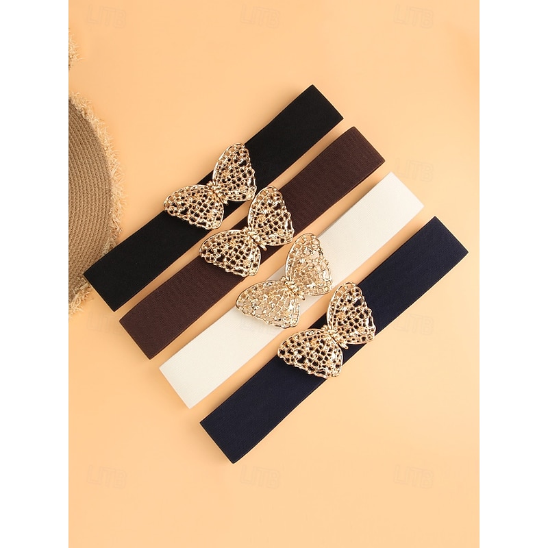 Women's Navy Blue Elastic Waist Belt with Gold Butterfly Buckle | Perfect for Dresses and Skirts3