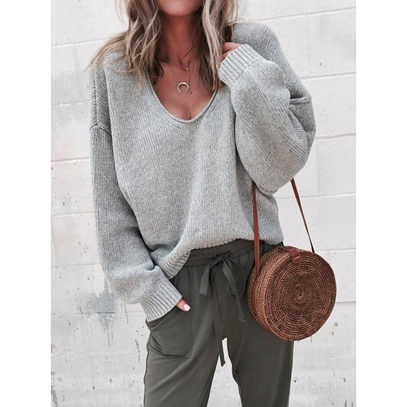 Women's Sweater Casual Soft Pure Color Ribbed V Neck Knitted Long Sleeve Regular Tops Knit Outdoor Daily Weekend Black Khaki Fall Winter3