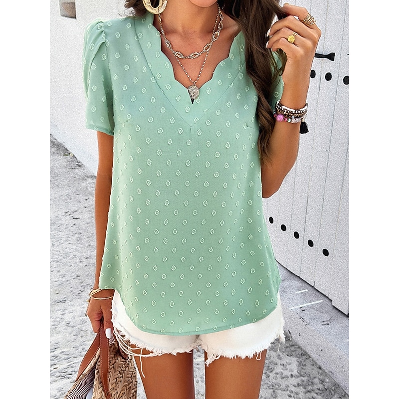 Women's Shirt Blouse Solid Color Elegant Daily Short Sleeve V Neck Regular Tops Daily Patchwork White Orange Green Summer2
