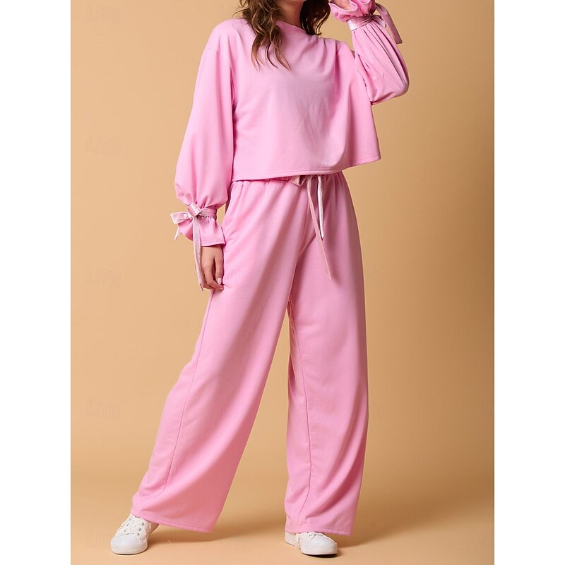 Women's Pajama Set Casual Comfort Pure Color Elastic Waist T Shirt Pant Home Daily Long Sleeve Crew Neck Pink Gray Fall Winter2