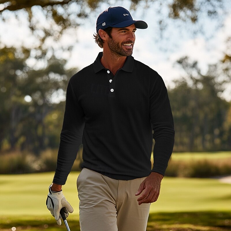 Men's Waffle Polo Shirts Golf Shirt Casual Holiday Classic Long Sleeve Fashion Comfortable Solid Color Button Front Button-Down Spring &  Fall Regular Fit Black White Gray Waffle Polo Shirts4