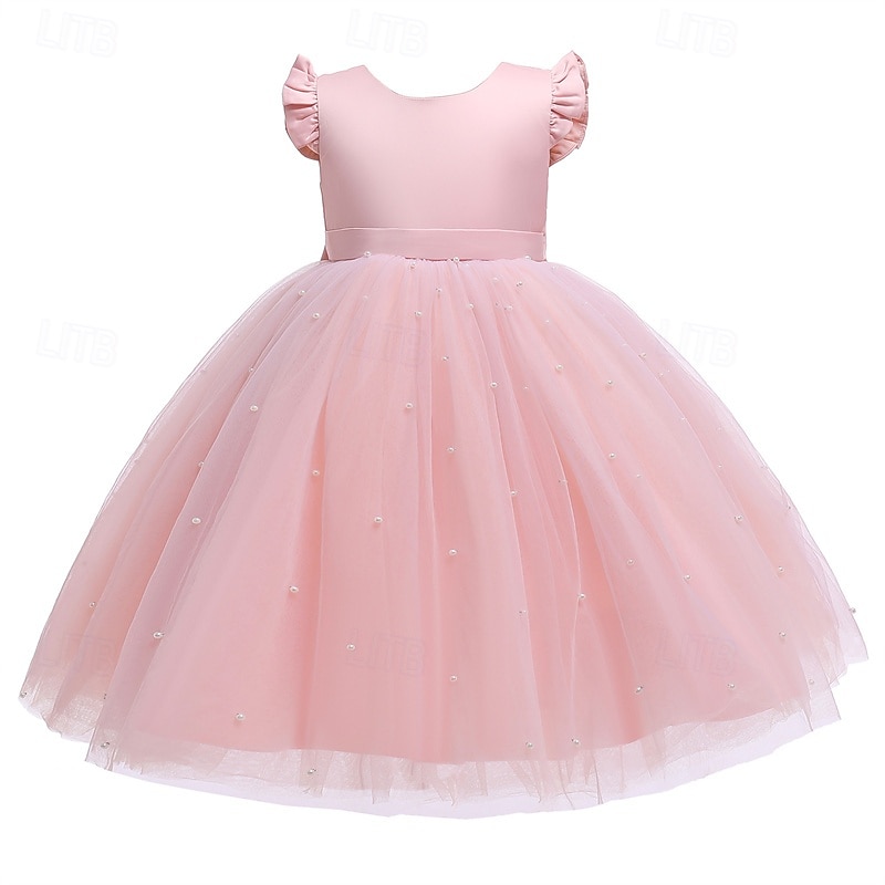 Flower Girl Dress Kid's Girls' Princess Dress Performance Wedding Party Elegant Beautiful Mesh Solid Color Sleeveless Crew Neck Light Pink Grey 4 years+2