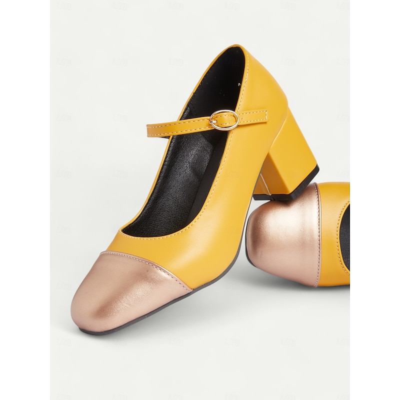 Women's Yellow Mary Jane Pumps with Metallic Toe Cap and Block Heels, Retro Style Comfortable Shoes for Office, Parties, and Casual Wear3