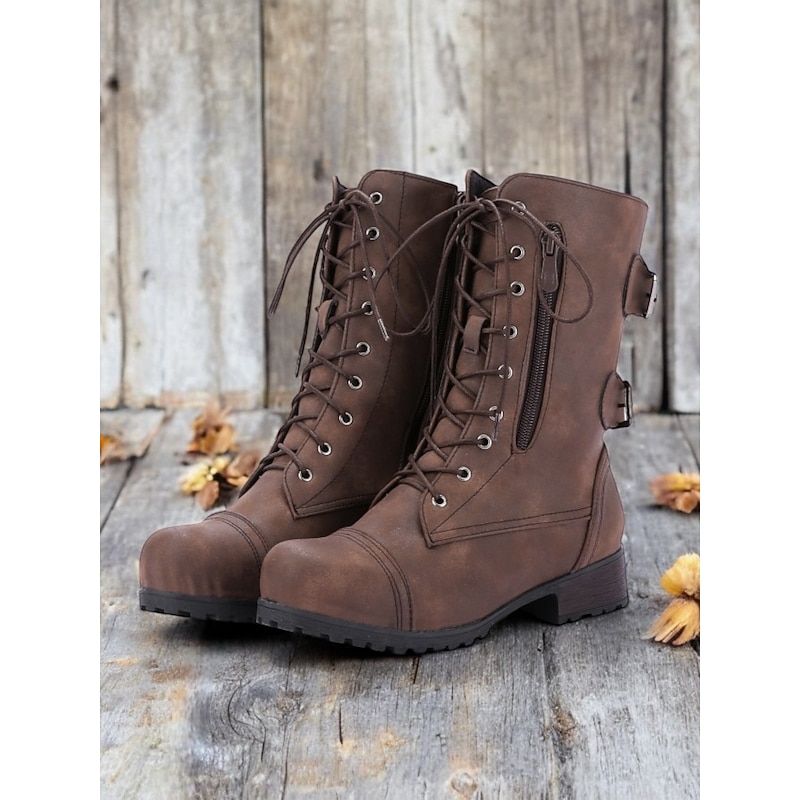 Versatile Brown Leather Lace-Up Boots with Military Flair for Women - Perfect for Fall and Winter Everyday Wear