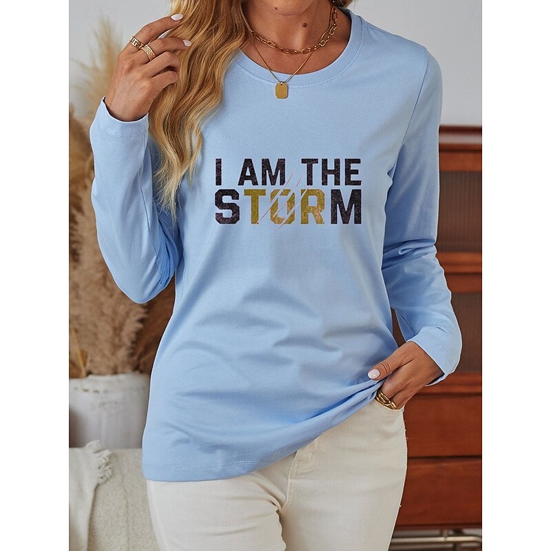 Women's 100% Cotton T Shirt Casual Letter Regular Tops Long Sleeve Round Neck Print Regular Fit Daily Weekend Blue Beige Fall Winter4
