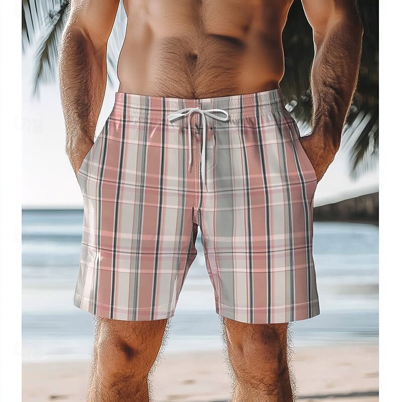 Men's Geometric Grid / Plaid Patterns Swim Trunks Swim Shorts Board Shorts Mid Waist Tropical Streetwear Hawaiian Vacation Daily Holiday Drawstring Elastic Waist 3D Print Designer Clothing Apparel